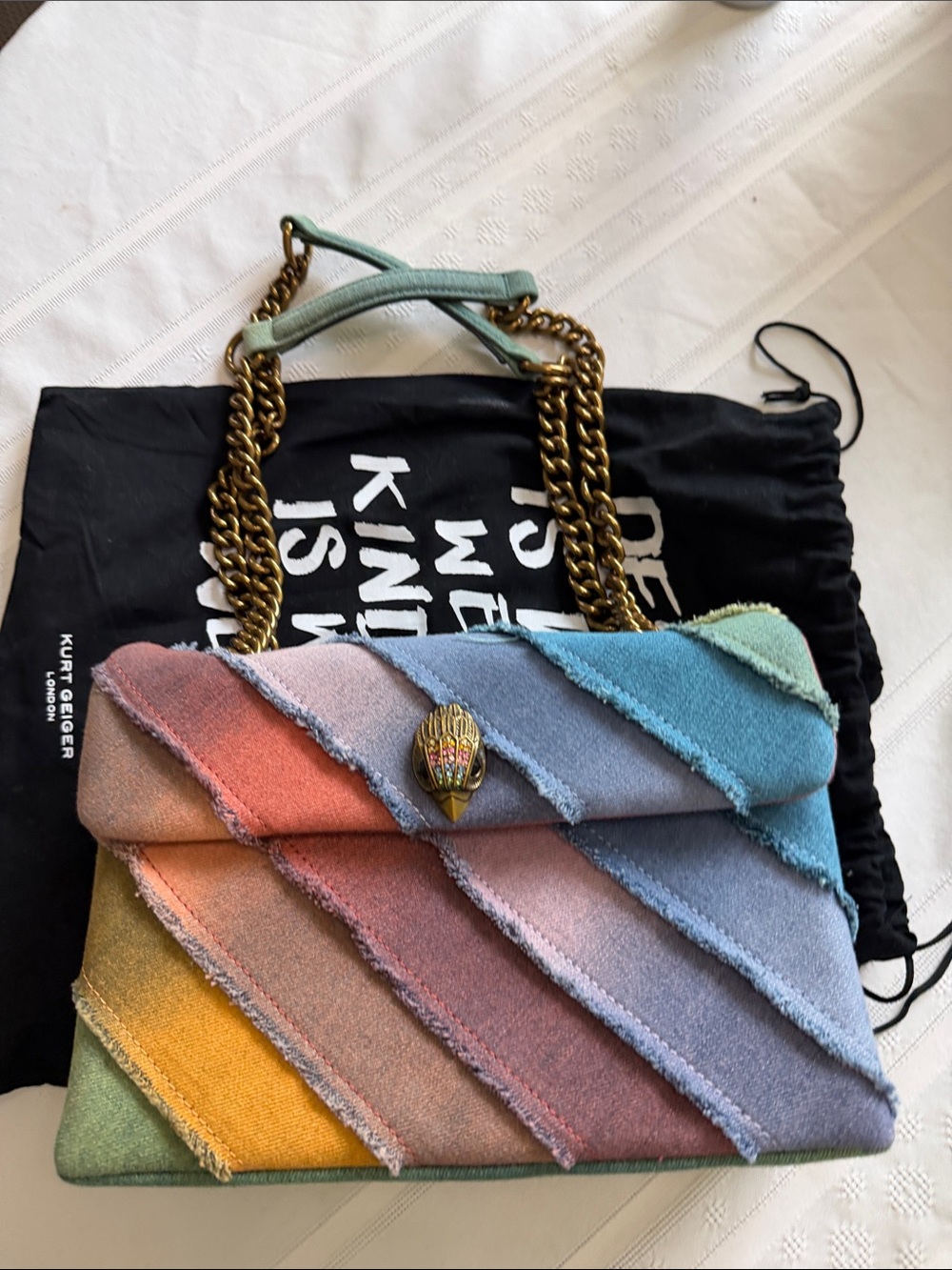 Kurt Geiger Pastel Multicolor Denim Shoulder Bag with Gold Chain